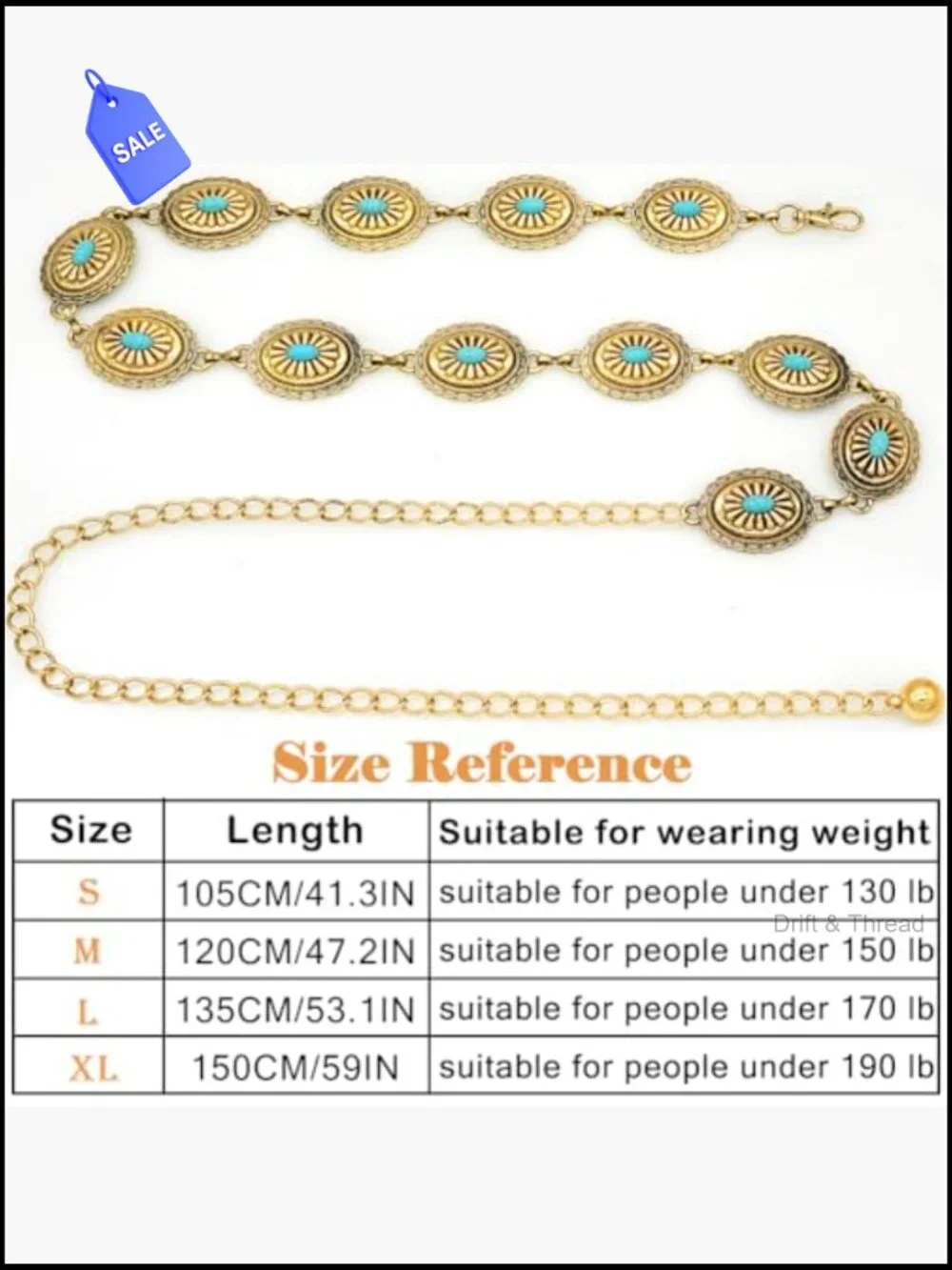 Metal Concho Chain Belt Western Cowgirl Waist Chain
